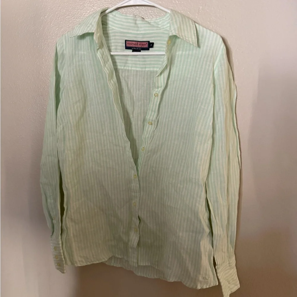 Vineyard Vines Women's Light Green Striped Linen Button Down Shirt size 4 - Picture 2 of 5